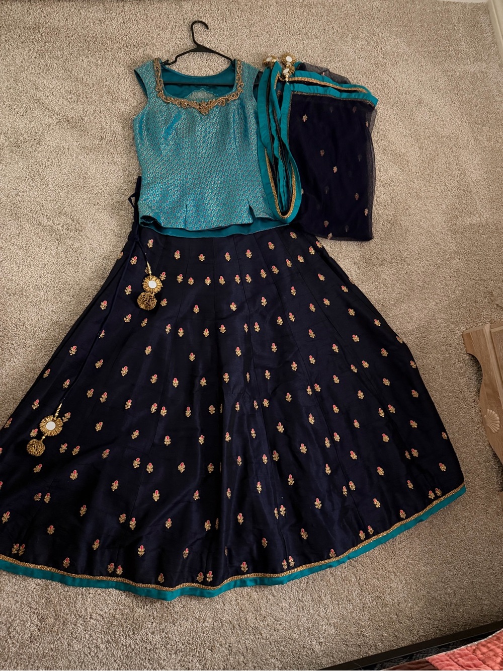 Turquoise  and Navy Embroidered Formal Lehenga 3 piece Set